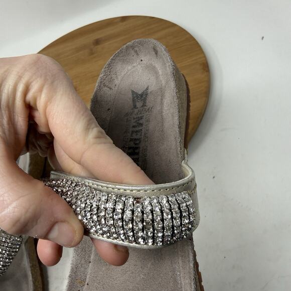 Mephisto Izabel Beige Leather Wedge Sandal Crystal Embellished Women 39 US 8-8.5